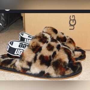 UGG Baby Fluff Yeah 1116910T Leopard Open Toe Sheepskin Slide Slipper